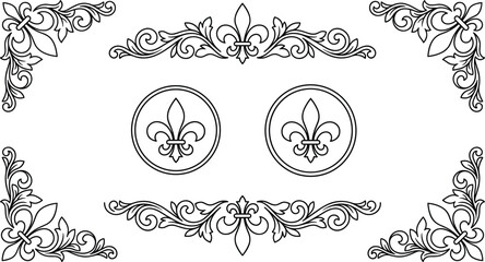 Vintage Calligraphic Fleur de Lis Ornament Set Featuring Elegant Filigree Borders Corner Scrolls and Circular Royal Medallions for Luxury Graphic Designs © MSTSULTANA