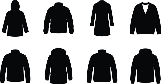 Winter Coats and Outerwear Apparel Silhouette Set Featuring Puffer Jacket Trench Coat Parka and Hoodies