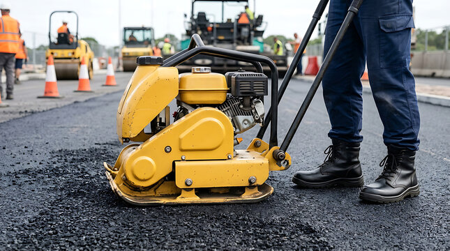 Vibrating Plate Compactor Flattening New Asphalt Surface During Road Construction Work