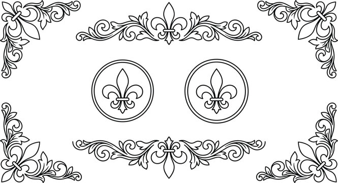 Vintage Calligraphic Fleur de Lis Ornament Set Featuring Elegant Filigree Borders Corner Scrolls and Circular Royal Medallions for Luxury Graphic Designs
