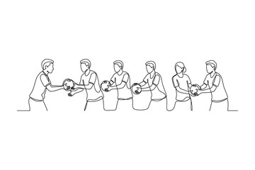 Fototapeta premium Continuous line drawing of a group of people passing a ball in a row.
