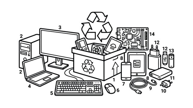 Electronic waste recycling vector set, 14 numbered e-waste icons for disposal, computer hardware and gadget recycling collection isolated PNG with Transparent Background