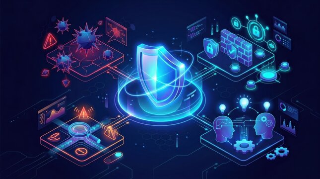 Visual elements show cybersecurity concepts with a focus on protection shields, threat icons, and data analytics in a digital environment