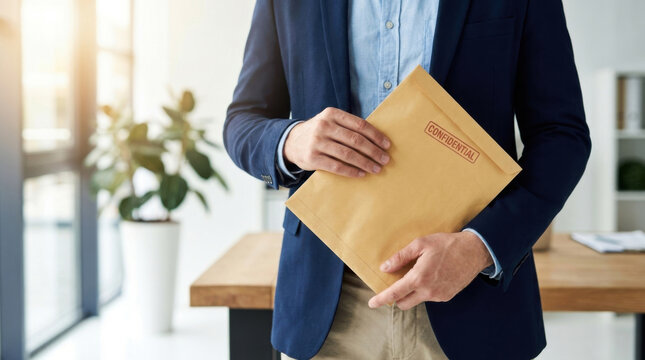 Confidential envelope in hand, office whistleblower protection concept for secure document delivery and privacy