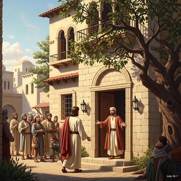 Biblical Man Welcoming Robed Visitor Outside Ancient Stone House