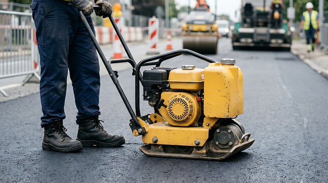 Worker operating vibrating plate compactor on fresh asphalt during road construction