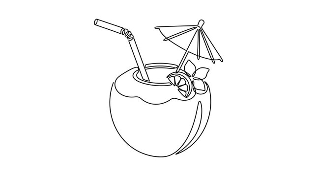 Continuous line art of a tropical coconut drink with an umbrella