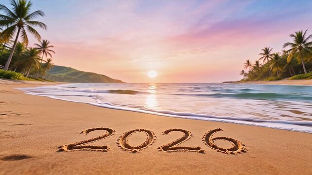 Beach with 2026 written in sand
