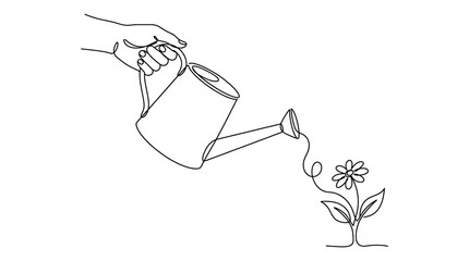 Continuous Line Art of Hand Watering a Growing Flower © Akhsan
