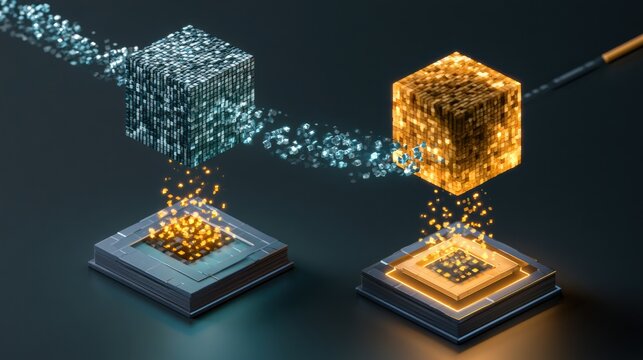 An autonomous system converts employee data points into shapes showing fair assessments with cool blue and warm amber colors in a wide format.