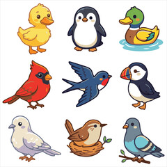 Fototapeta premium Cute Cartoon Birds Flat Design Vector Collection