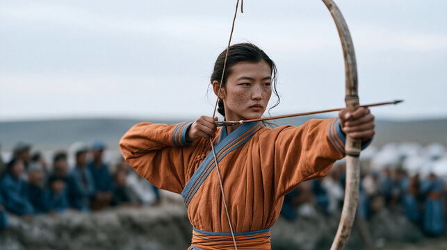 Mongolian traditional archer in ceremonial deel drawing horn-composite bow at Naadam field competition as crowd of spectators watches from low earthen berm overcast sky diffusing