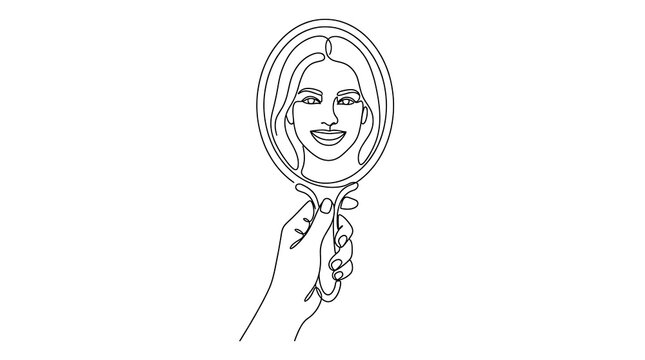 Continuous line drawing of a woman smiling in a hand mirror reflection