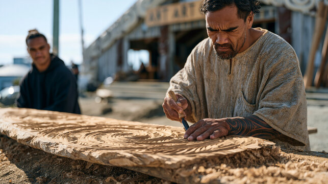 Maori carver using traditional chisel to detail intricate koru spiral pattern on wooden panel in outdoor workshop, wood shavings scattered on earthen ground, cultural art center