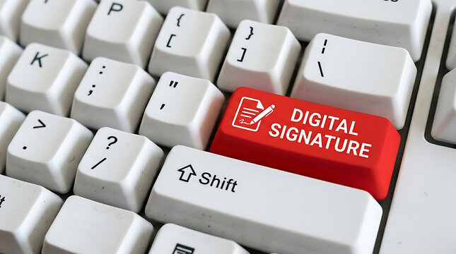 Digital Signature Keyboard Button &ndash; Electronic Signature, Secure Authentication and Digital Document Signing Concept