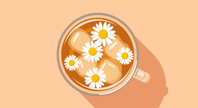 Refreshing iced tea with chamomile flowers in a glass on a soft background