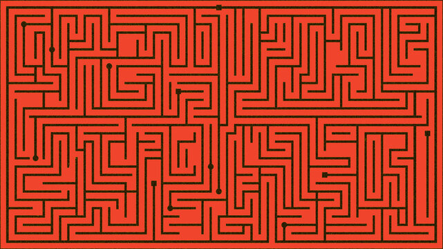 Complex red maze pattern, intricate labyrinth background with black lines, challenging puzzle concept for business strategy and problem solving
