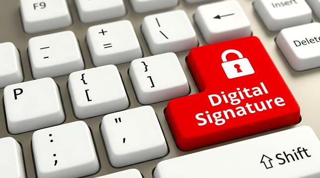 Digital Signature Keyboard Button &ndash; Electronic Signature, Secure Authentication and Digital Document Signing Concept