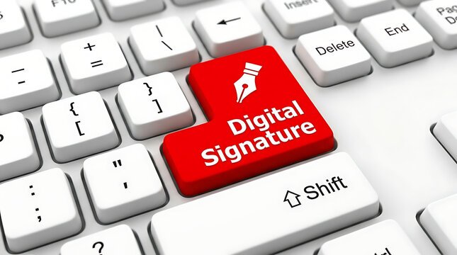 Digital Signature Keyboard Button &ndash; Electronic Signature, Secure Authentication and Digital Document Signing Concept