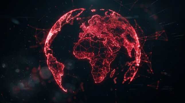 Digital glowing red globe with connection nodes. A concept for global technology, network connectivity and cyber.