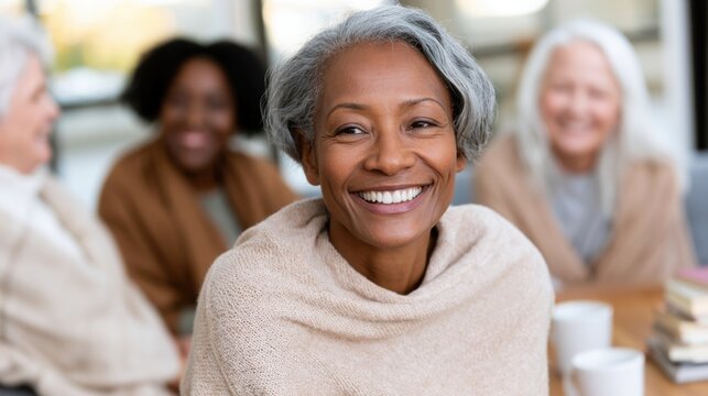 Smiling African American woman in beige shawl sits at a table with friends during a book club meeting, surrounded by coffee cups and books in a cozy indoor setting