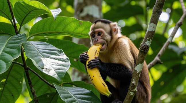 Capuchin monkey eats ripe banana on tree branch. Primate in green jungle foliage eats yellow fruit. Wildlife animal feeds in tropical rainforest habitat.