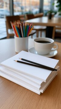 Stack of blank notebooks with two pencils on a wooden table beside a cup of coffee and a container of colored pencils in a bright cafe setting