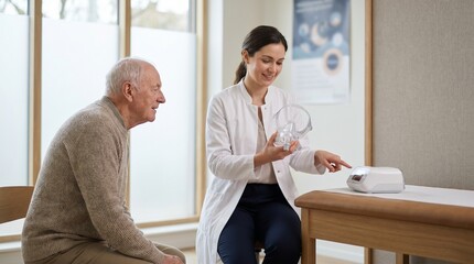 Obraz premium Sleep Clinic Consultation with CPAP Therapy Education for Senior Patient