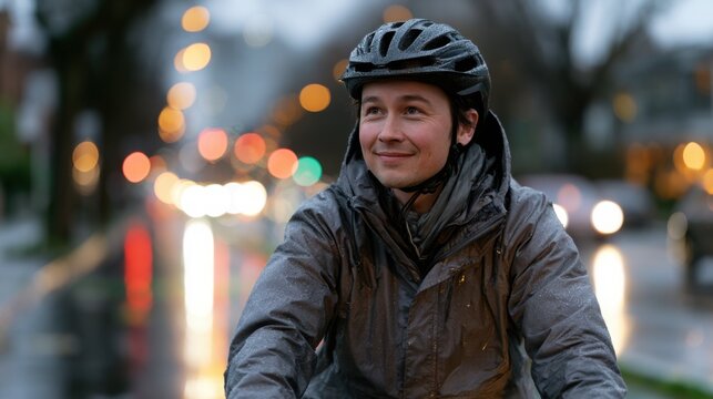 Male cyclist wearing a helmet and rain jacket rides along a wet bike lane in an urban setting with blurred traffic lights and reflections on the pavement