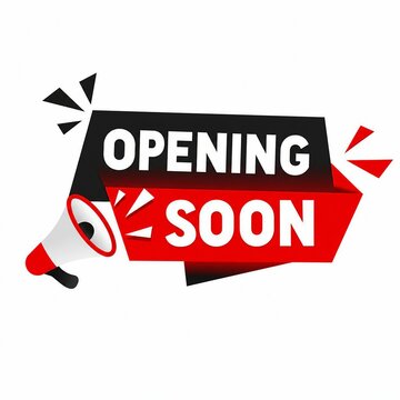 Opening soon announcement banner with megaphone and explosion effect