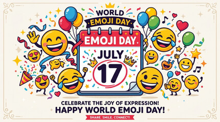 Fototapeta premium World Emoji Day celebration with smiling faces balloons and confetti a festive vector illustration for social media and online greetings