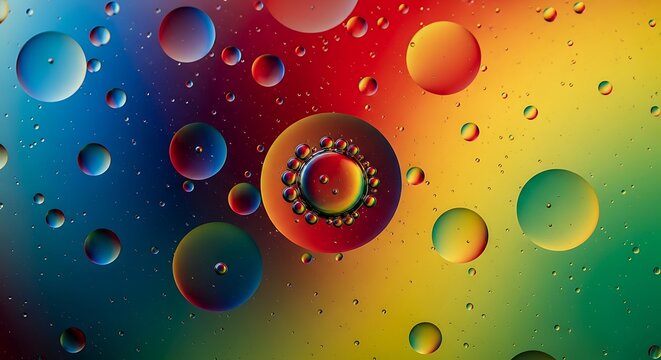 Colorful water droplets and bubbles macro photography with gradient background