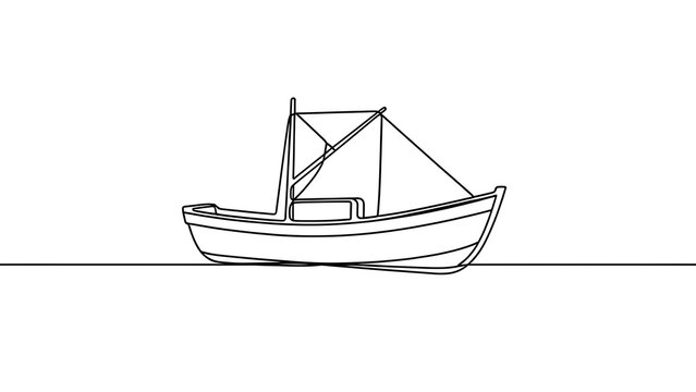 Simple line art fishing boat white background.