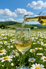 Obraz premium White wine pours into a glass amid a field of daisies under a blue sky. Beverage refreshment in nature, outdoor summer setting with floral landscape. Alcohol enjoyment in scenic plants.
