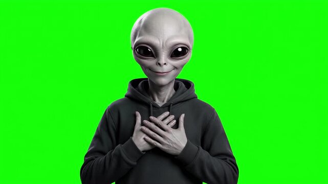 Realistic grey alien placing hands on heart, sincere gratitude and trust concept isolated on chroma key green screen background. 3D.