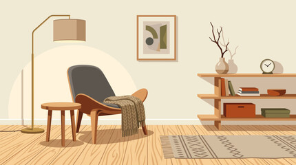 Scandinavian home interior showcasing natural wood textures, minimalist furniture, soft lighting, cozy atmosphere, functional decoration, elegant residential styling, contemporary design © saeideh