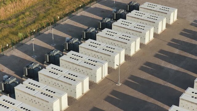 Massive Battery Storage Facility With Numerous Power Units at Daytime