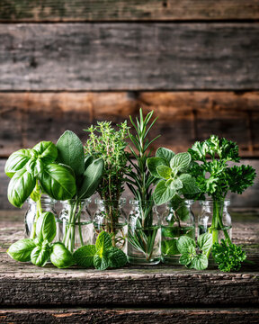 Fresh Culinary Herbs in Glass Bottles &ndash; AI Generative