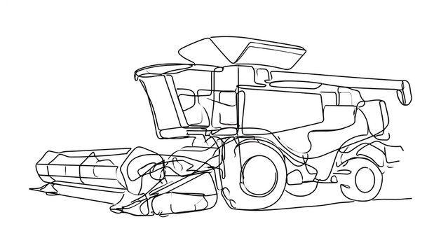 Line art combine harvester illustration white background.