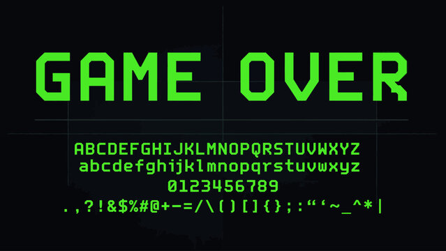Retro pixel style game over screen with green text on dark background