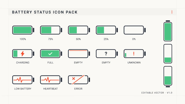 Modern battery status icon pack showing different charge levels and conditions in vector style