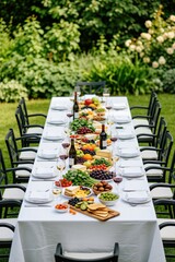 Fototapeta premium Long table set for outdoor garden party. White tablecloth covers table with plates glasses wine cheese fruit. Plants lush chairs surround the space. Guests anticipate meal.