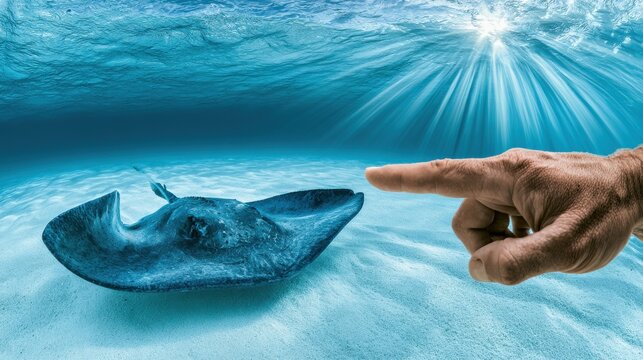 Human hand points to a stingray underwater in bright sunlight