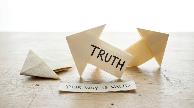 Origami arrows with messages about truth and validity