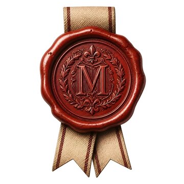 Red wax seal with monogrammed letter m on beige ribbon