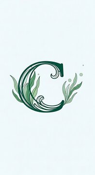 Decorative Green Letter C with Botanical Leaf Flourishes on Pale Background