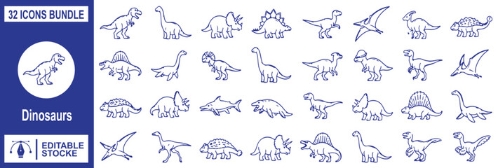 Dinosaur icons bundle, prehistoric animal vector line art, dino outline shapes collection © Shekhar