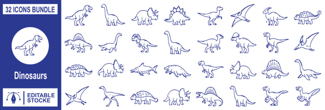 Dinosaur icons bundle, prehistoric animal vector line art, dino outline shapes collection
