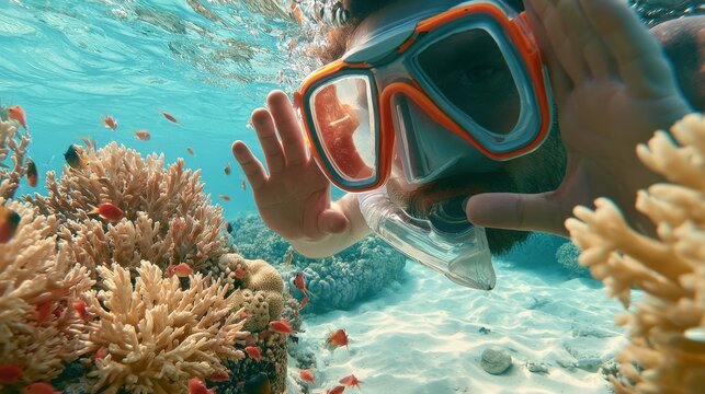 Person snorkeling in a vibrant coral reef with colorful fish