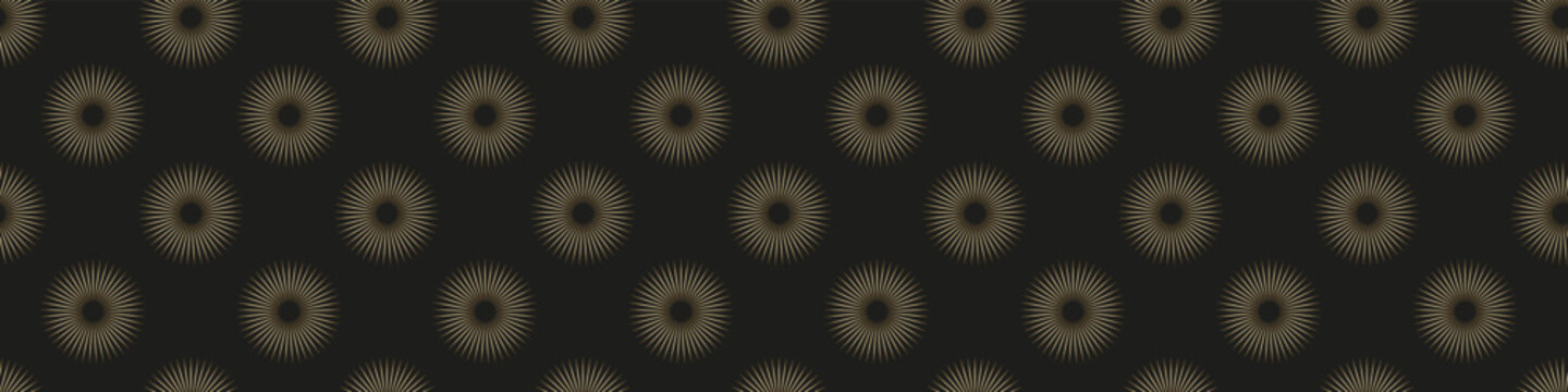 Seamless geometric sunburst pattern with fine gold radial line circles on a dark background, ideal for luxury packaging, textiles, wallpaper and branding